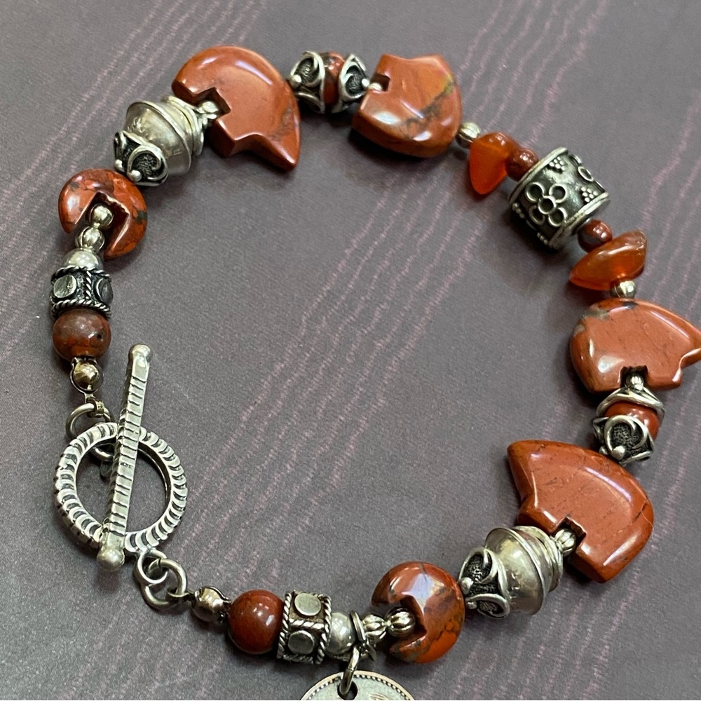 Red Jasper Carved Bear Bead Silver Bali Beads Coin Toggle Bracelet